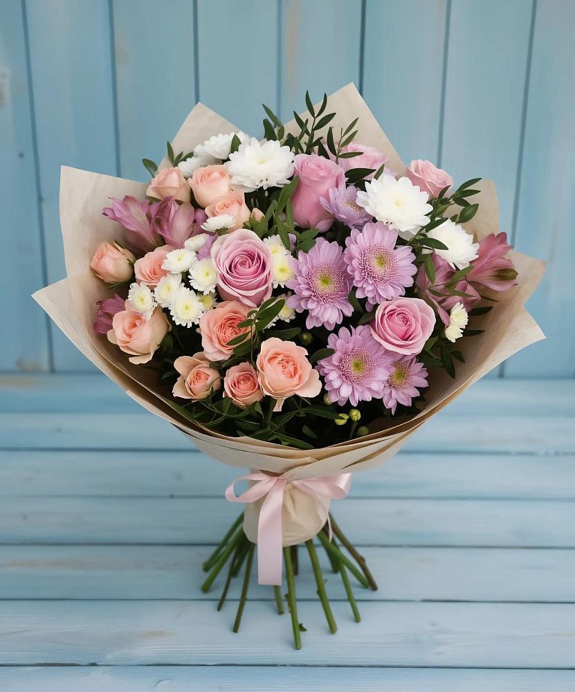 Букет цветов из: Хризантемы, Розы и Альстромерии в Алферово