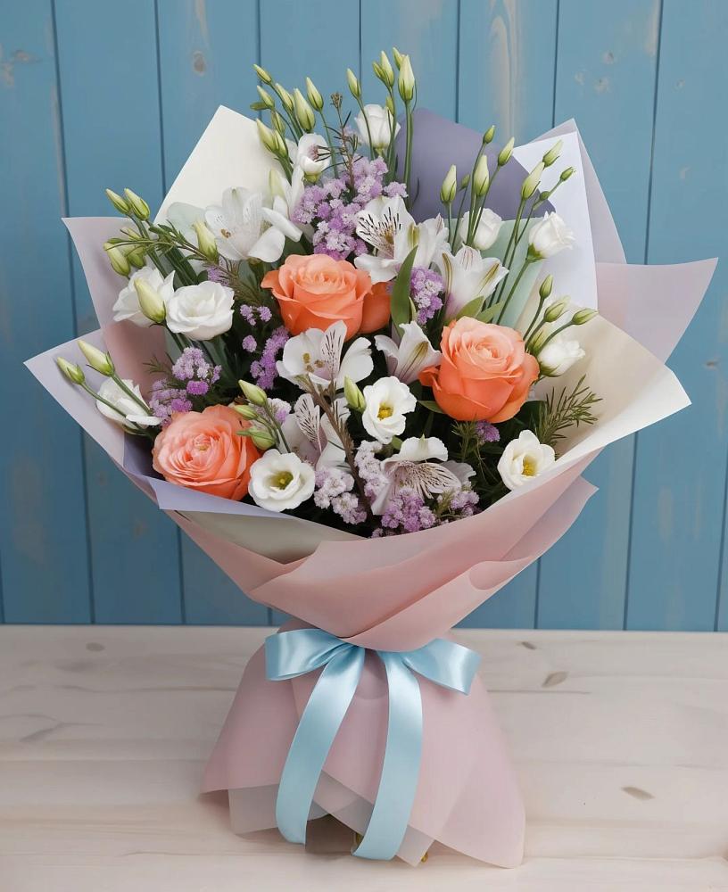 Букет цветов из: Лизиантусы, Розы, Альстромерии и Гипсофила в Алферово