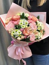 Букет нежные объятья в Алферово Букет цветов из: Гвоздики, Розы и Хризантемы в Алферово