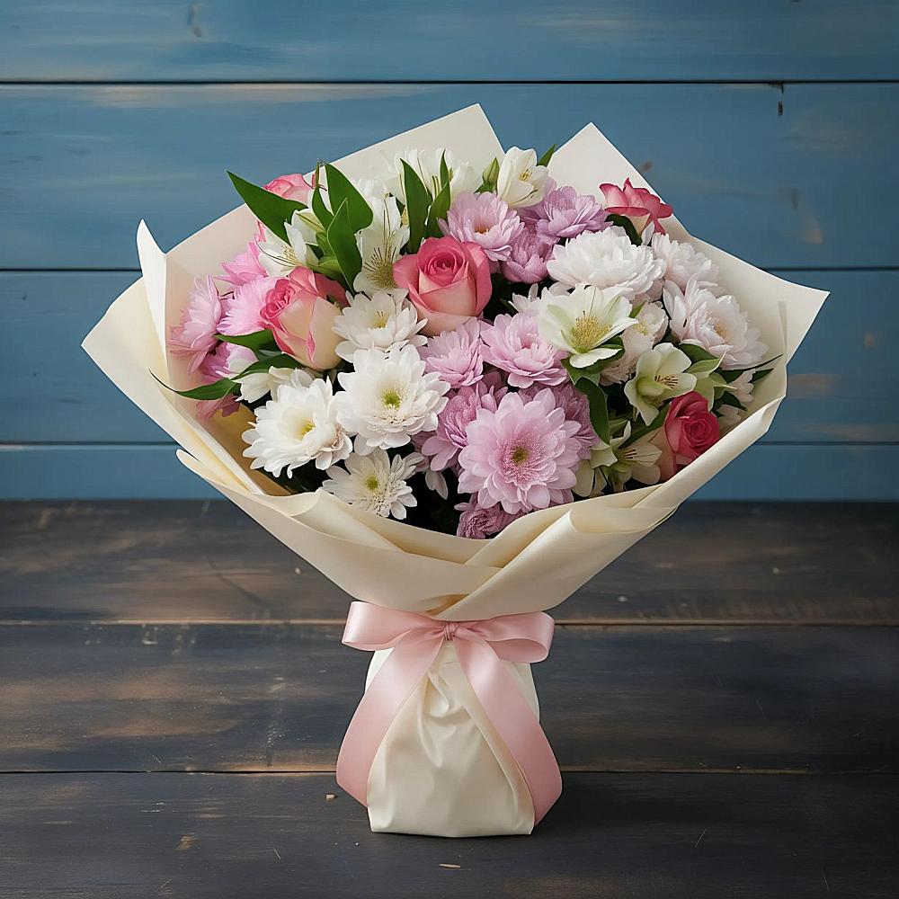 Букет цветов из: Хризантемы, Альстромерии и Розы в Алферово